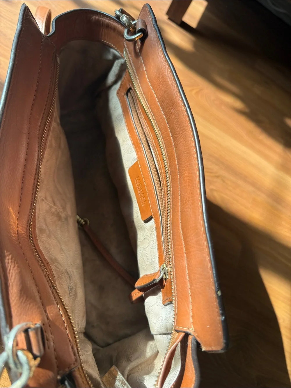 Michael Kors Brown and Tan Signature Satchel with Gold Hardware
